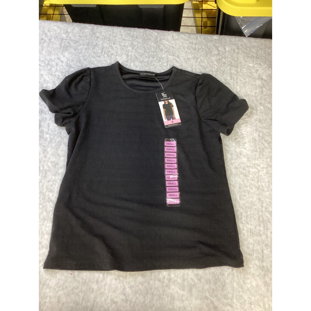 Rafaella‎ Womens Black Pointelle Puff Sleeve Crew Neck Top RSKSD000 Small NWT